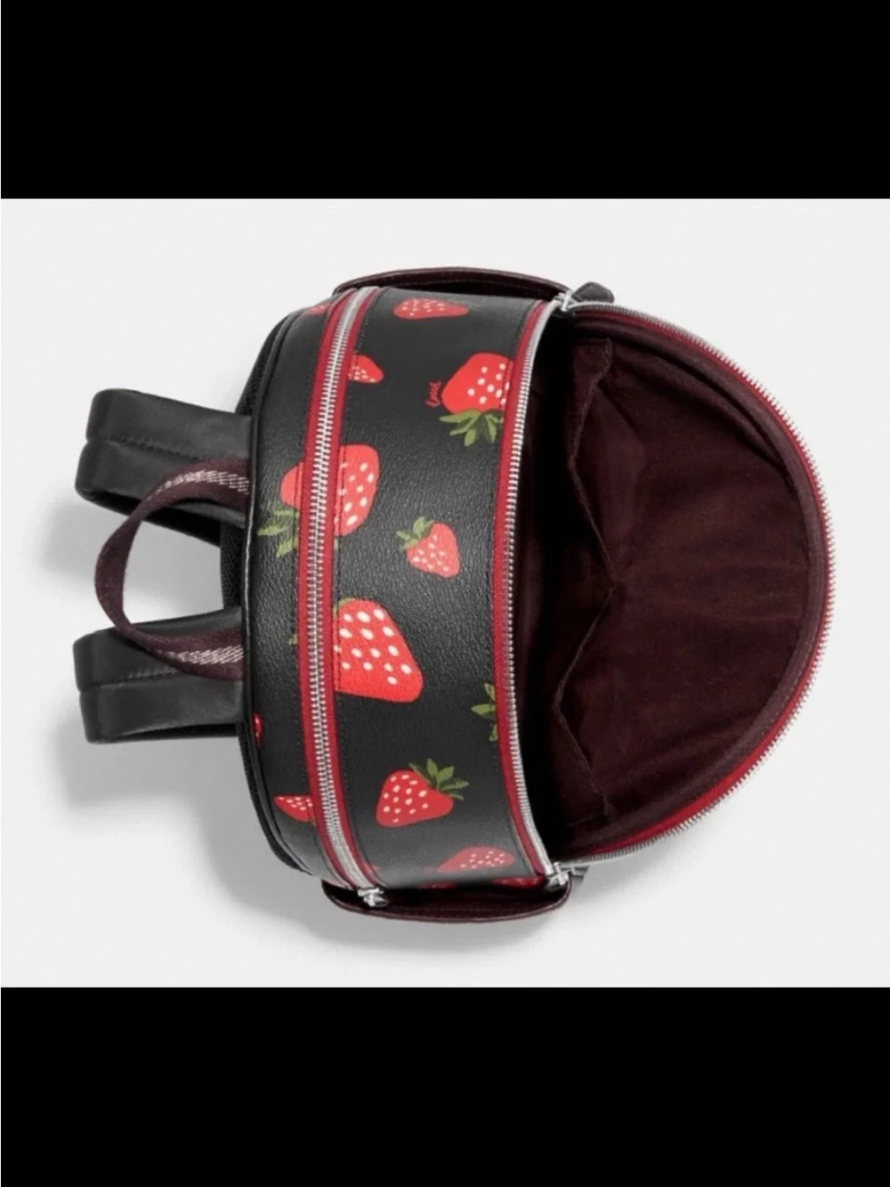 Coach Black Mini Backpack with Red Strawberry Print